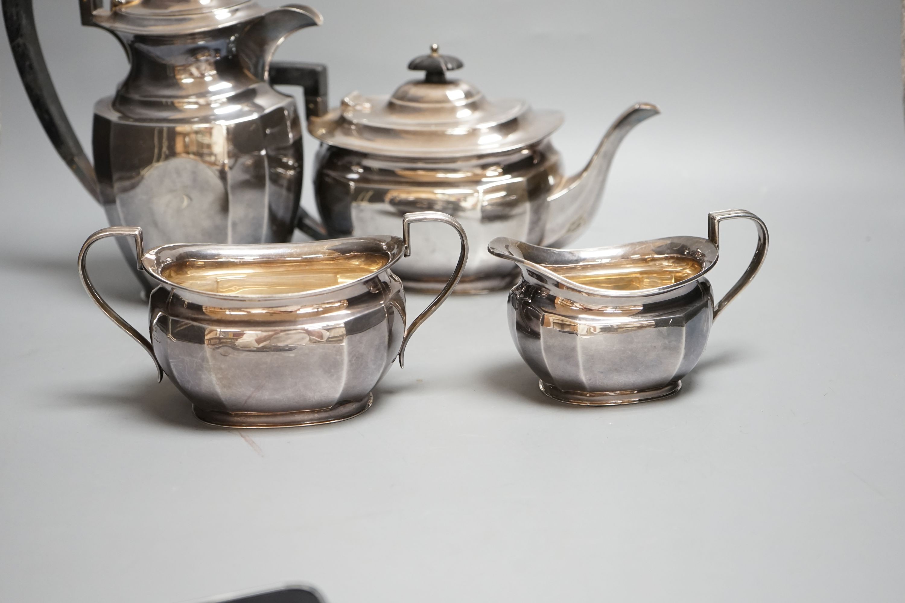 A George VI silver four piece tea set, Atkin Bros. Sheffield, 1944, gross 52oz.